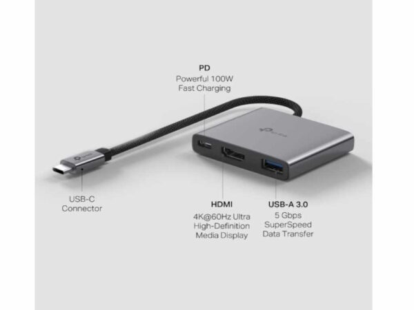 Hub TP-LINK UH3020C USB Type-C 3-Port Hub/1*HDMI 4K@60Hz//1*PD 100W/1*USB Type-A 5Gbps - Image 2