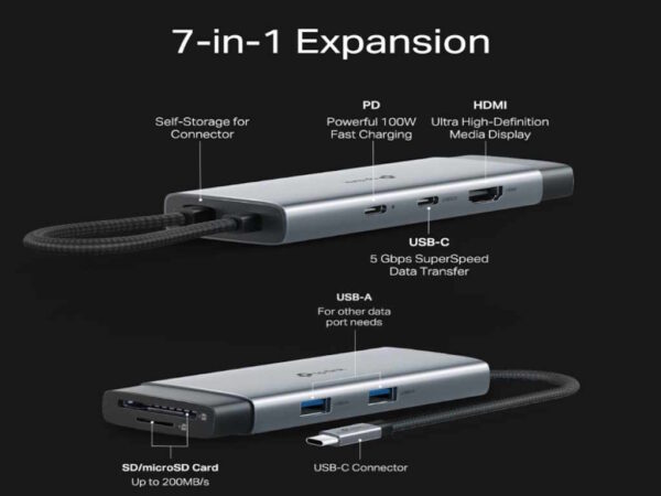Hub TP-LINK USB Type-C 7-Port Hub/1USB-C /1 HDMI 4K 60Hz Port,1 × USB-C PD 100W Port,1 × SD - Image 3
